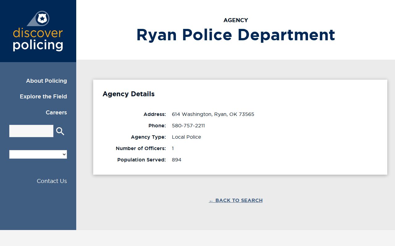 Ryan Police Department directory locator for arrest record contact verification